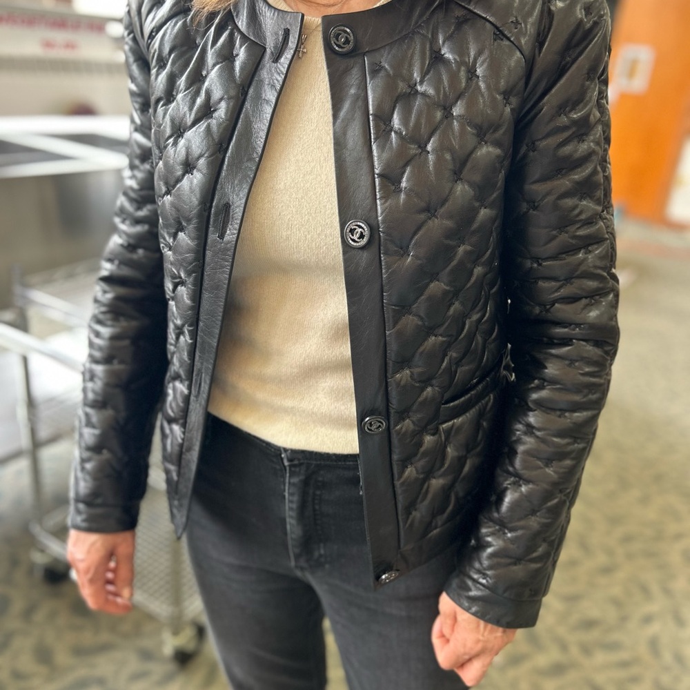 Black Leather Jacket with Logo Button